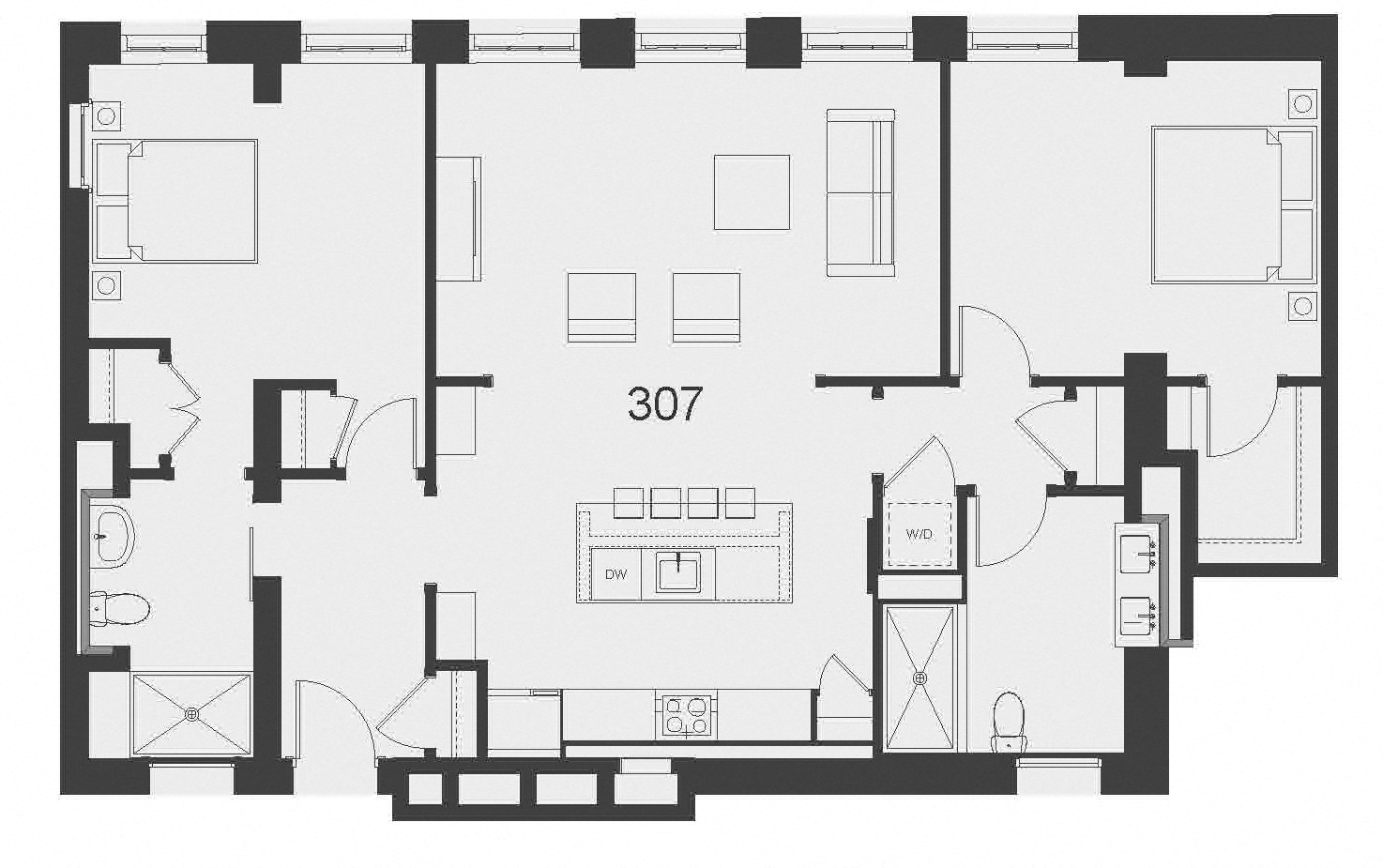 Floor plan for 2 beds, 2 baths, 1435 sqft